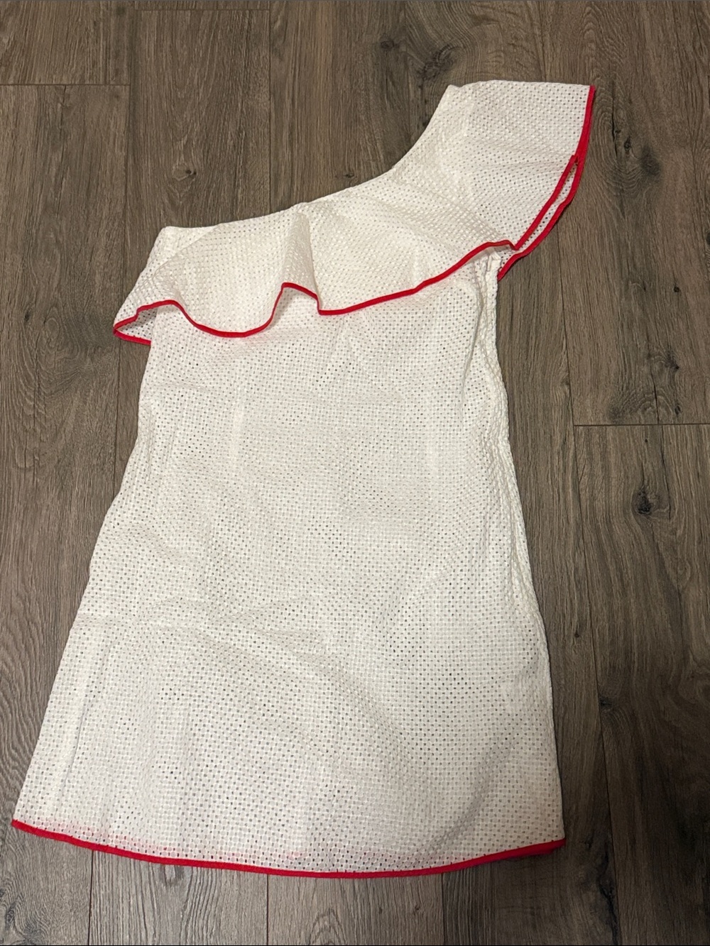 Marysia Swim White One-Shoulder Eyelet Dress with Red Trim